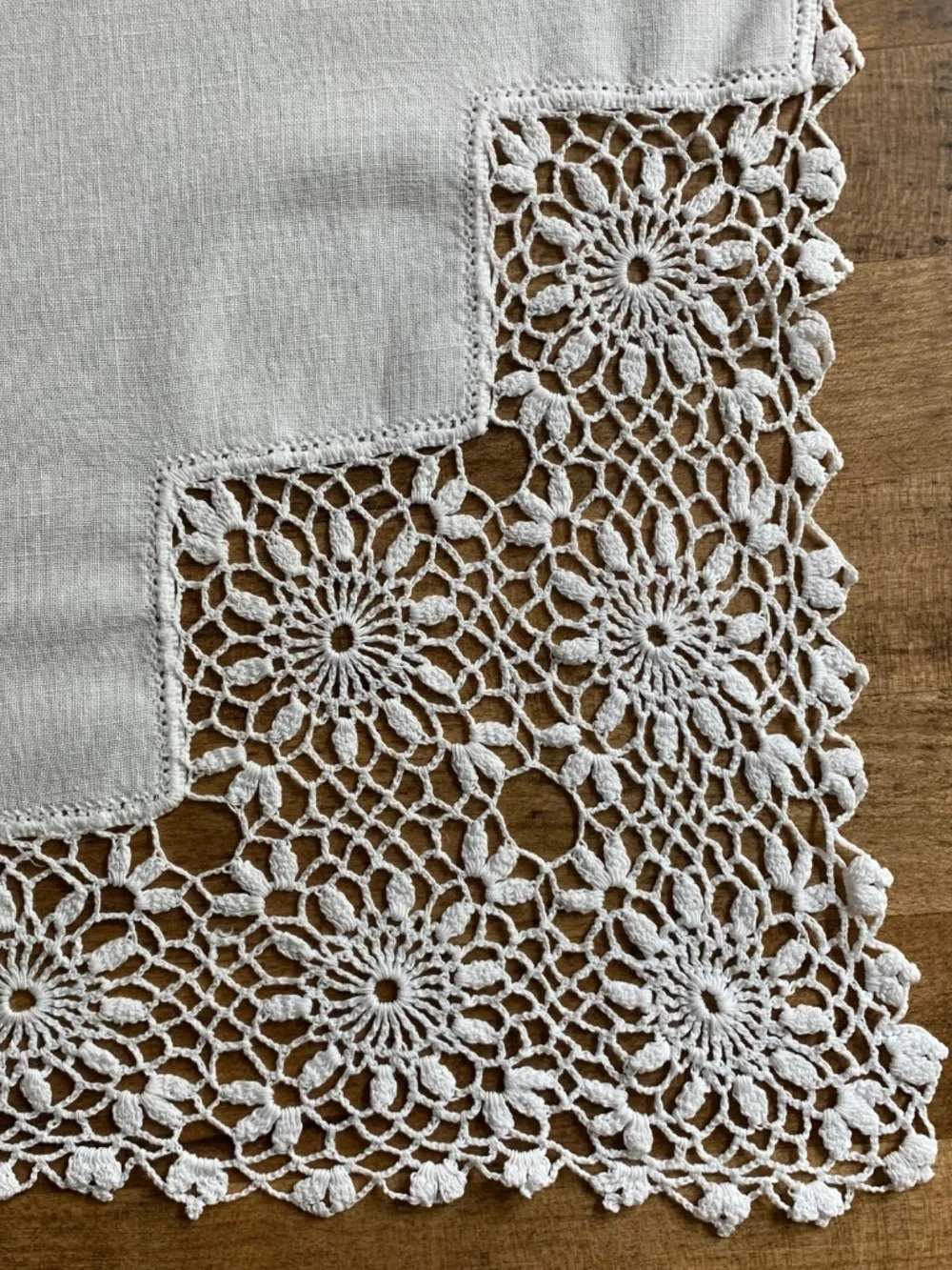 Crochet & Linen Tablecloth | 36” Square | Cottagecore Lace | Vintage